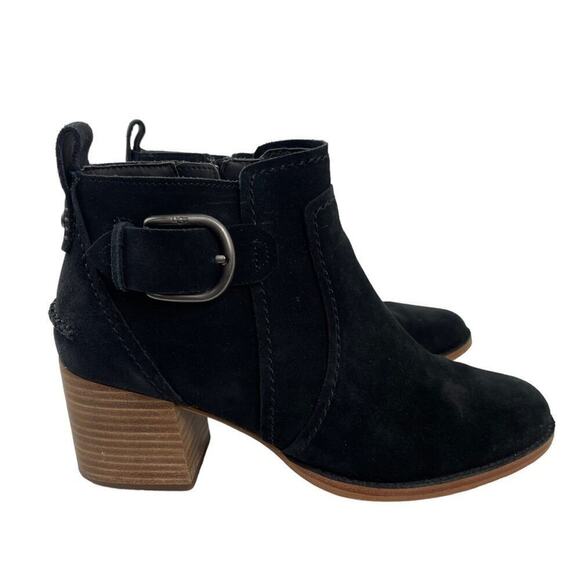UGG Leahy Black Suede Leather Ankle Boots Stacked Block Heel Booties Size 9 - Picture 4 of 14